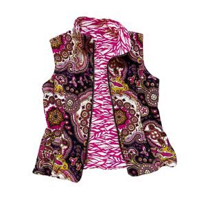 Jude Connally Reversible Quilted Vest M | Pink Zebra & Paisley Sleeveless Jacket
